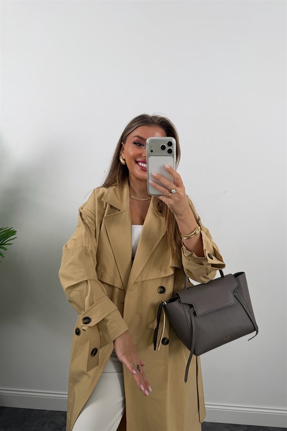 Premium Seri Kol Detaylı Özel Kumaş Maxi Trenç Camel