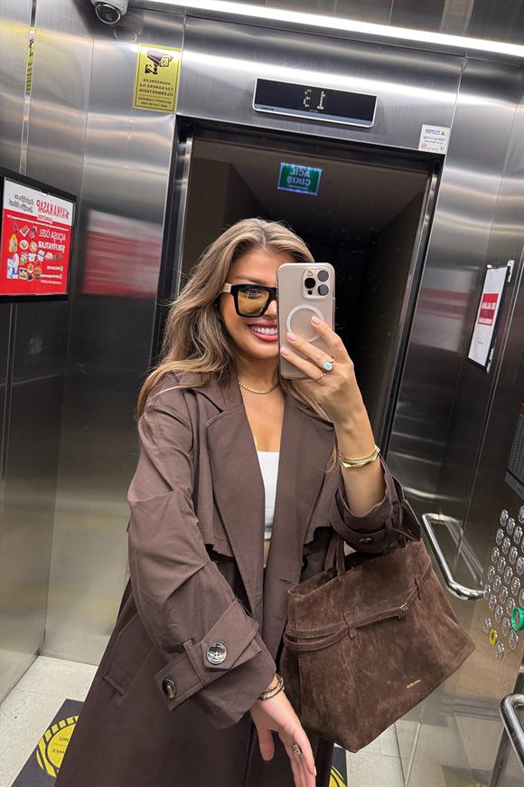 Premium Seri Kol Detaylı Özel Kumaş Maxi Trenç Acı Kahve