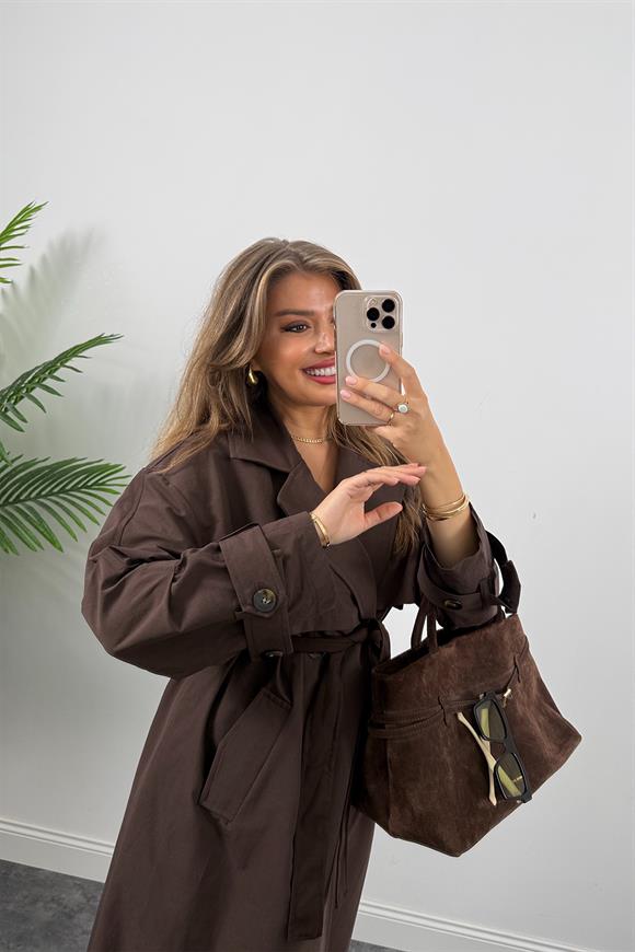 Premium Seri Kol Detaylı Özel Kumaş Maxi Trenç Acı Kahve