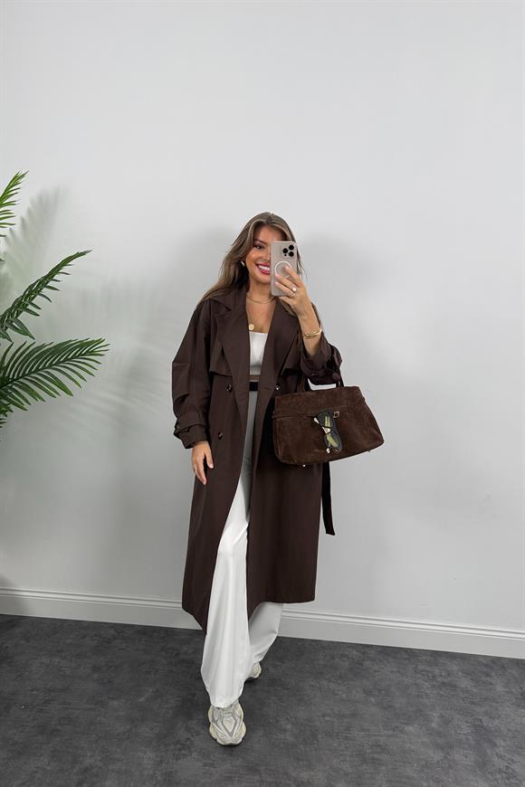 Premium Seri Kol Detaylı Özel Kumaş Maxi Trenç Acı Kahve