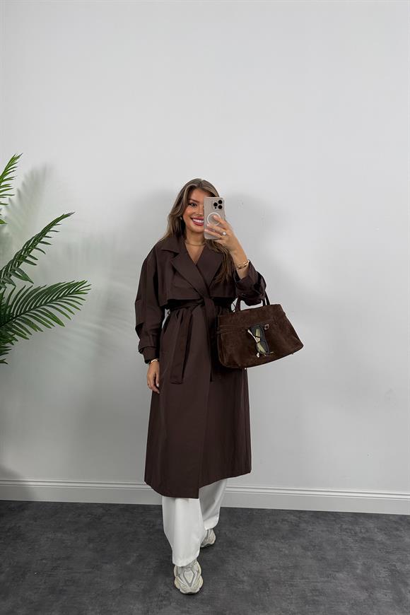 Premium Seri Kol Detaylı Özel Kumaş Maxi Trenç Acı Kahve