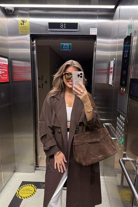 Premium Seri Kol Detaylı Özel Kumaş Maxi Trenç Acı Kahve