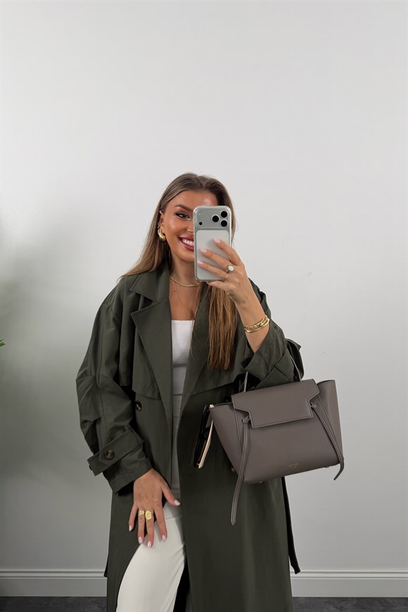 Premium Seri Kol Detaylı Özel Kumaş Maxi Trenç Haki