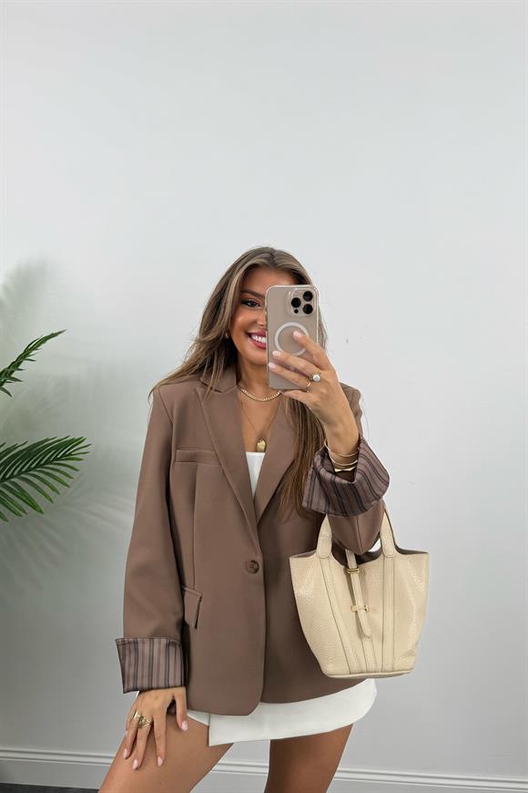 Premium Seri Kol Manşeti Çizgili Double Kumaş Blazer Ceket Açık Kahve