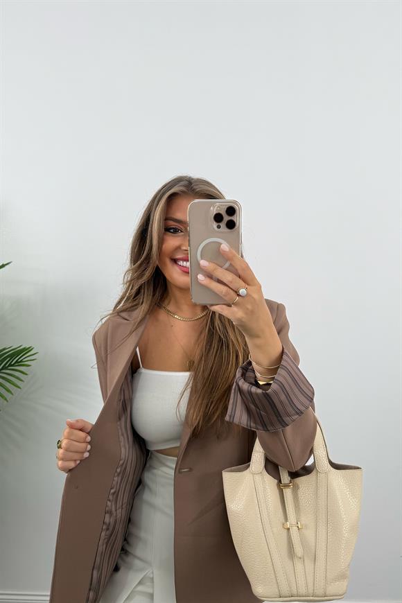 Premium Seri Kol Manşeti Çizgili Double Kumaş Blazer Ceket Açık Kahve