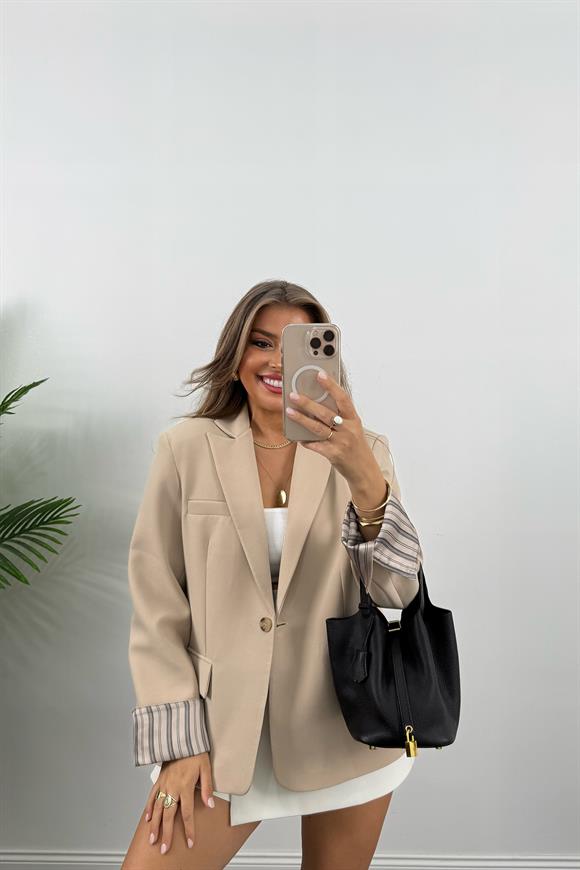Premium Seri Kol Manşeti Çizgili Double Kumaş Blazer Ceket Taş