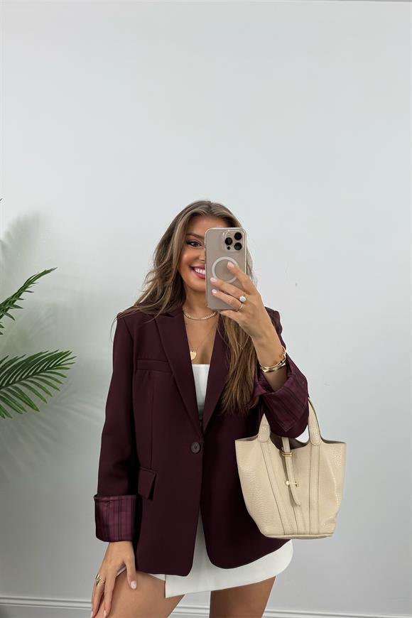 Premium Seri Kol Manşeti Çizgili Double Kumaş Blazer Ceket Mürdüm