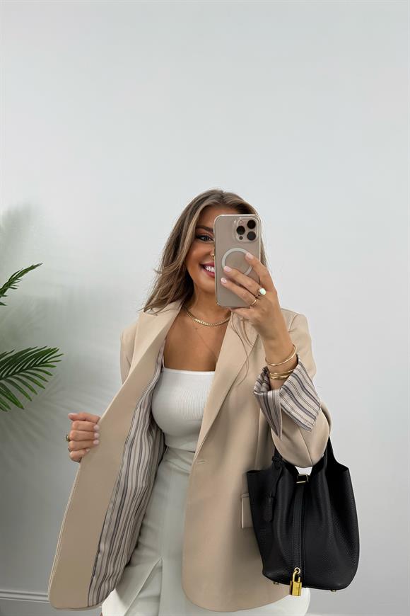 Premium Seri Kol Manşeti Çizgili Double Kumaş Blazer Ceket Taş