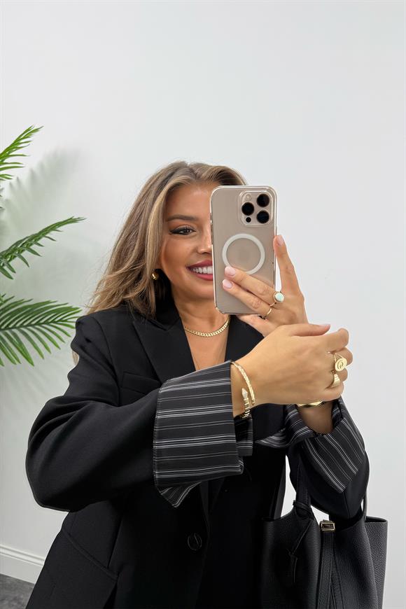 Premium Seri Kol Manşeti Çizgili Double Kumaş Blazer Ceket Siyah