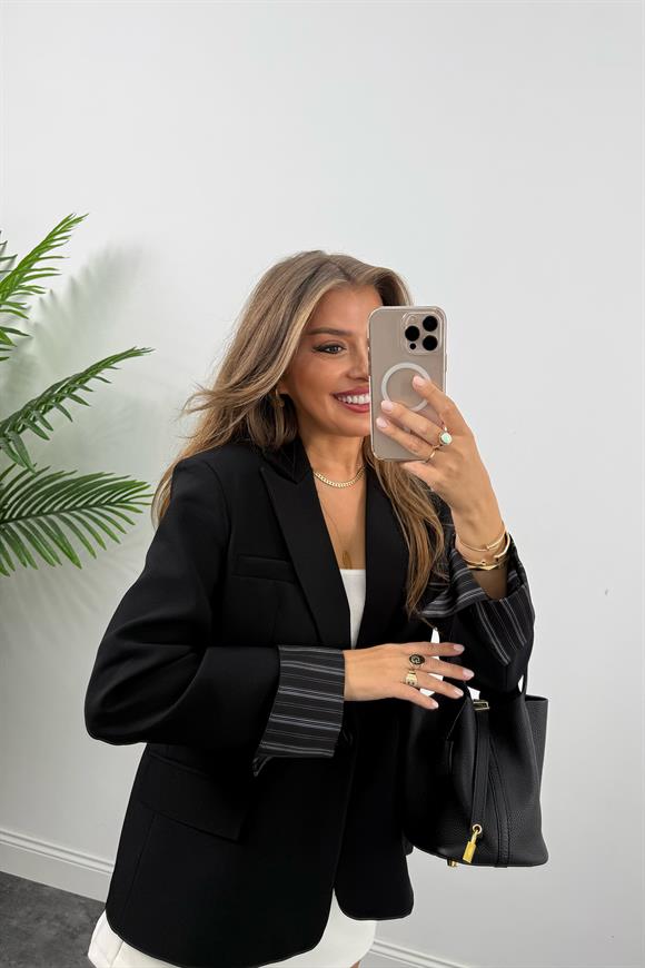 Premium Seri Kol Manşeti Çizgili Double Kumaş Blazer Ceket Siyah