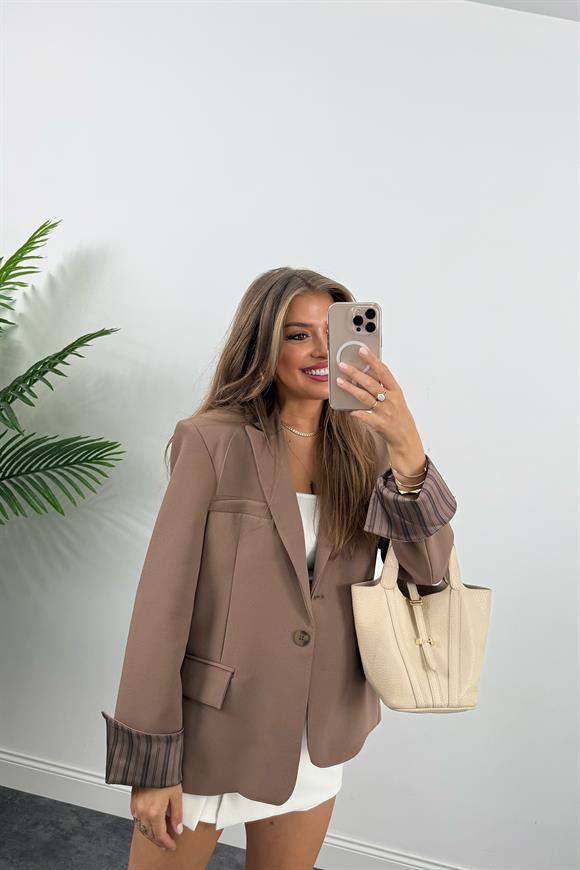 Premium Seri Kol Manşeti Çizgili Double Kumaş Blazer Ceket Açık Kahve