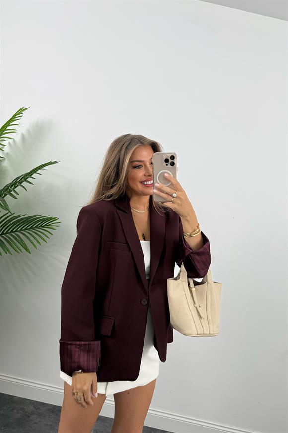 Premium Seri Kol Manşeti Çizgili Double Kumaş Blazer Ceket Mürdüm