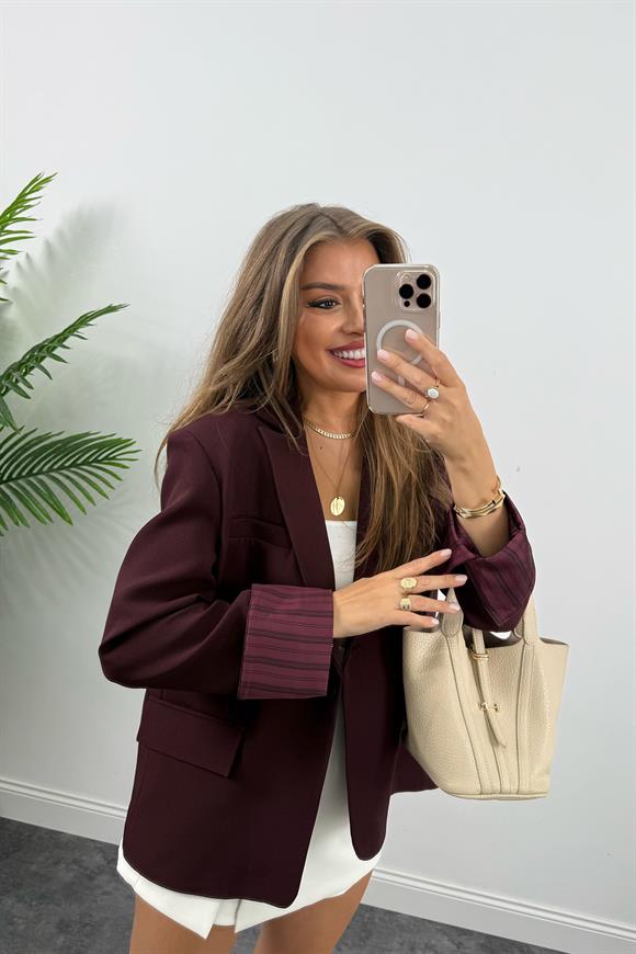 Premium Seri Kol Manşeti Çizgili Double Kumaş Blazer Ceket Mürdüm
