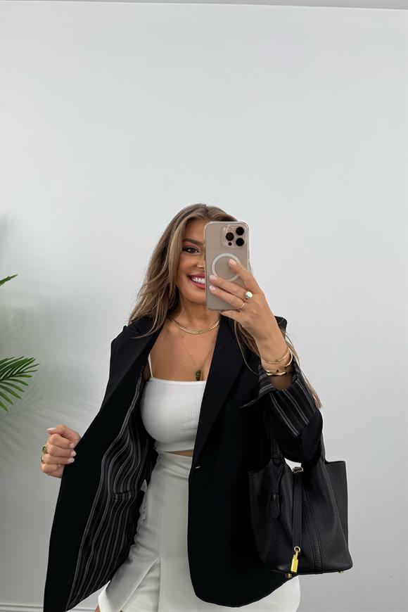 Premium Seri Kol Manşeti Çizgili Double Kumaş Blazer Ceket Siyah