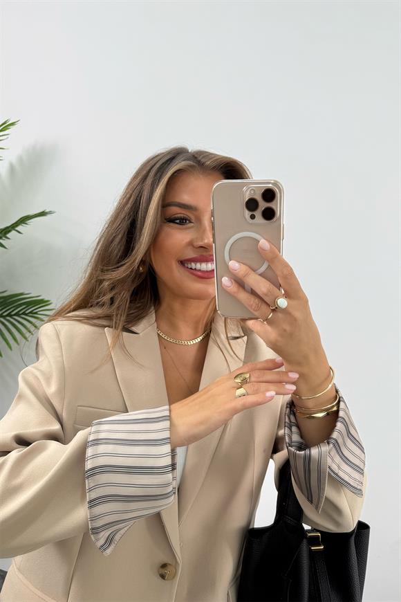 Premium Seri Kol Manşeti Çizgili Double Kumaş Blazer Ceket Taş