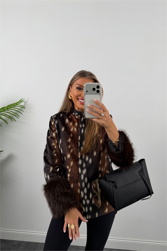 Premium Seri Kolları Kürklü Bambi Desen Tasarım Kahve Ceket