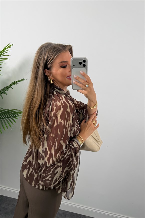 Premium Seri Kolu Valonlu Şifon Bluz Kahve Desenli