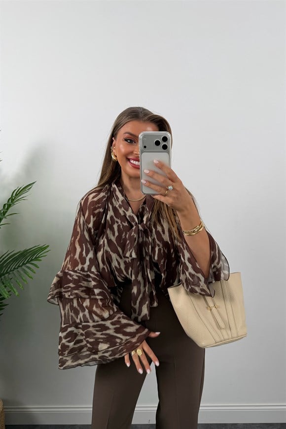 Premium Seri Kolu Valonlu Şifon Bluz Kahve Desenli