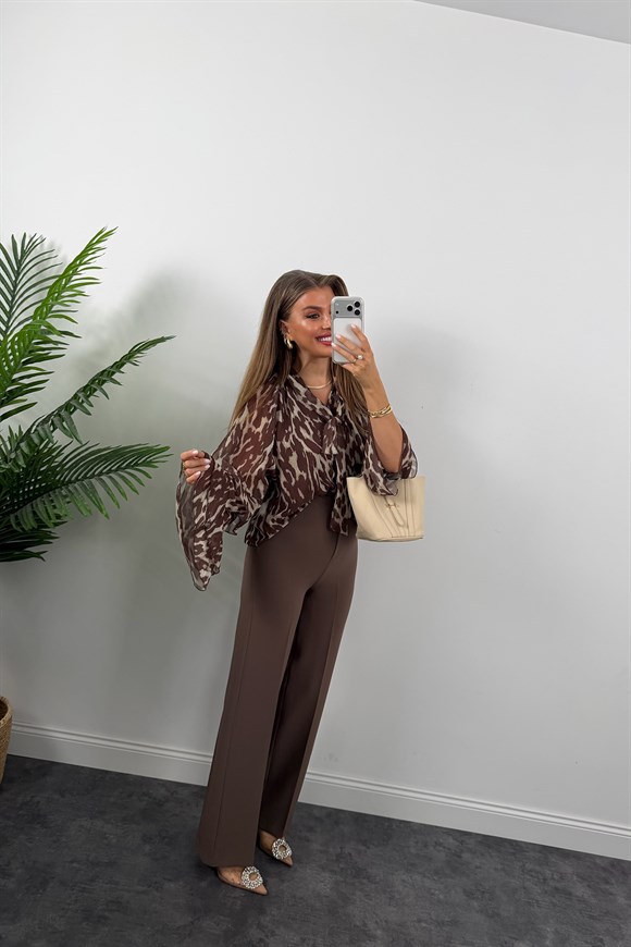 Premium Seri Kolu Valonlu Şifon Bluz Kahve Desenli