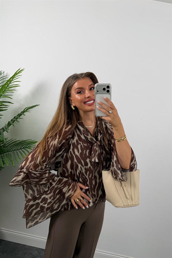 Premium Seri Kolu Valonlu Şifon Bluz Kahve Desenli