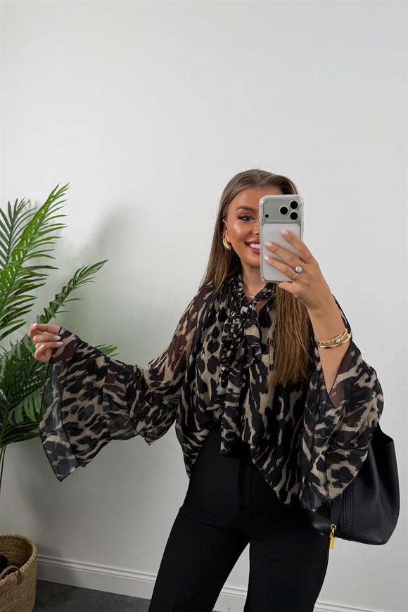 Premium Seri Kolu Valonlu Şifon Bluz Siyah Desenli