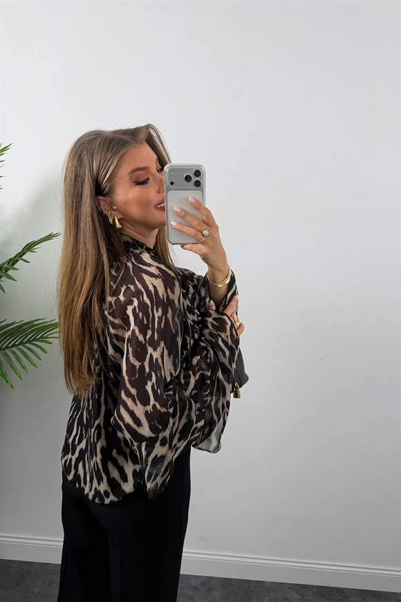 Premium Seri Kolu Valonlu Şifon Bluz Siyah Desenli