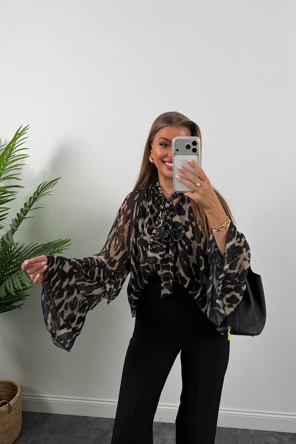 Premium Seri Kolu Valonlu Şifon Bluz Siyah Desenli