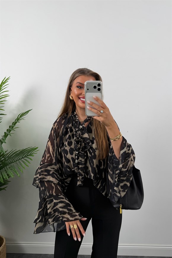 Premium Seri Kolu Valonlu Şifon Bluz Siyah Desenli