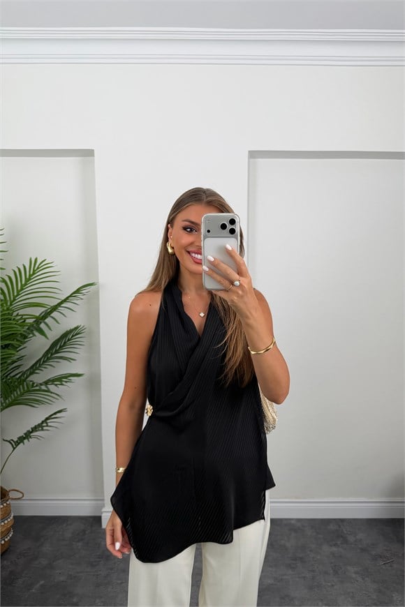 Premium Seri Kruvaze Dökümlü Bluz Siyah