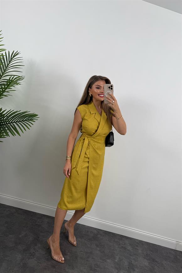 Premium Seri Kruvaze Kesim Keten Midi Elbise Hardal