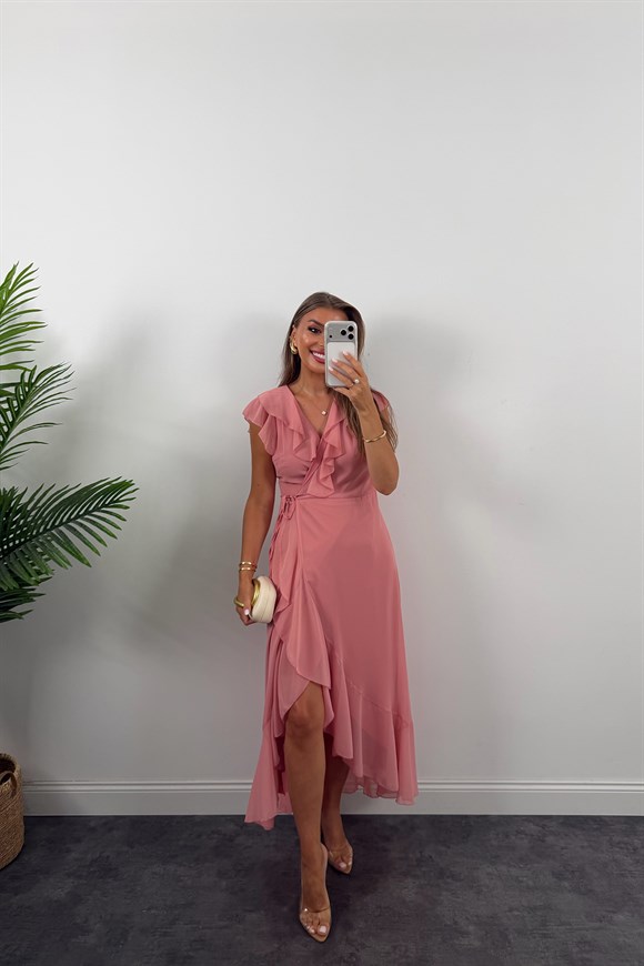 Premium Seri Kruvaze Volanlı Şifon Elbise Pastel Pembe