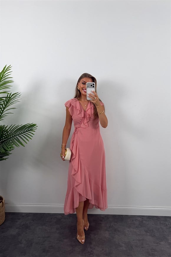 Premium Seri Kruvaze Volanlı Şifon Elbise Pastel Pembe