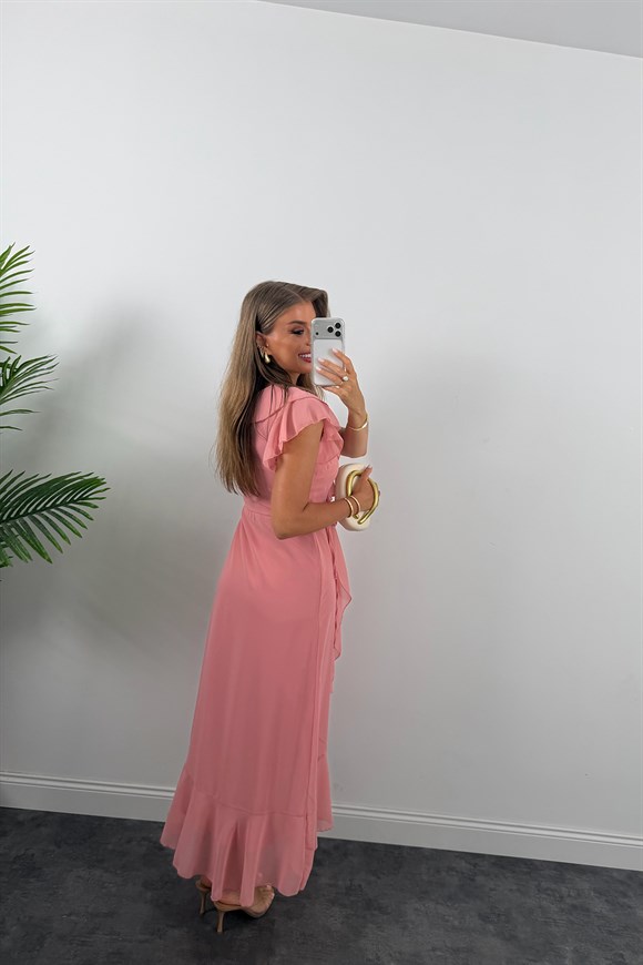 Premium Seri Kruvaze Volanlı Şifon Elbise Pastel Pembe