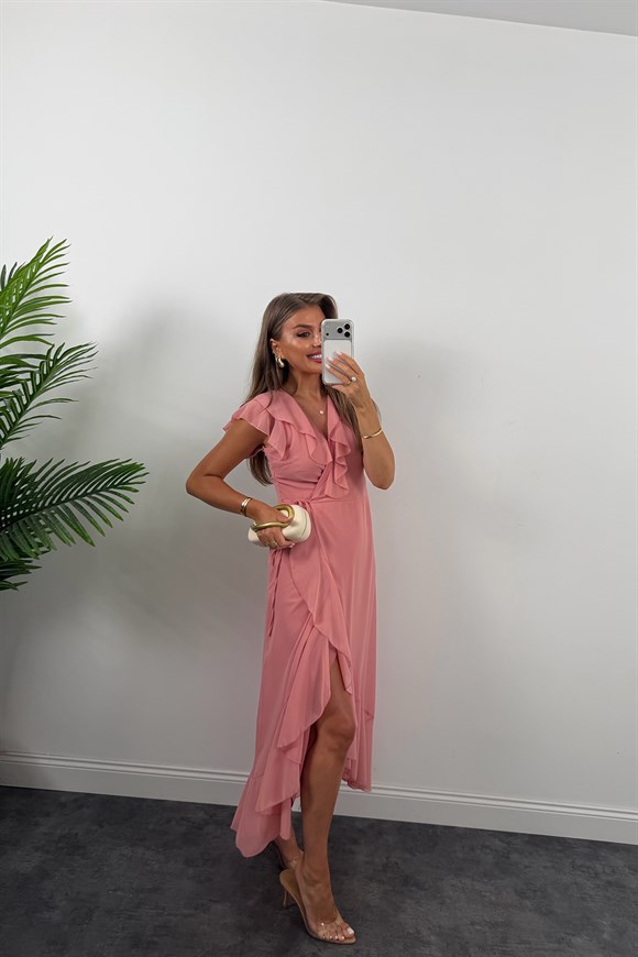 Premium Seri Kruvaze Volanlı Şifon Elbise Pastel Pembe