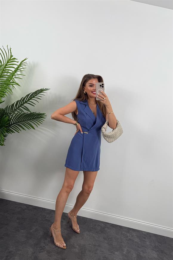 Premium Seri Kruvaze Yaka Şort Etekli Tensel Tulum İndigo
