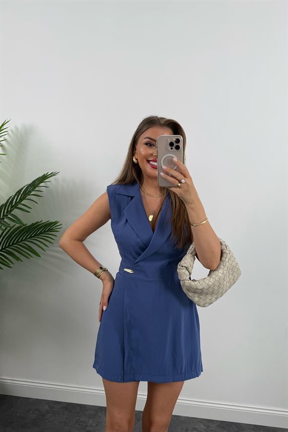 Premium Seri Kruvaze Yaka Şort Etekli Tensel Tulum İndigo