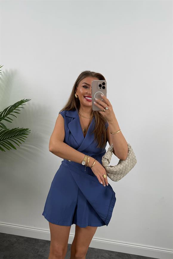 Premium Seri Kruvaze Yaka Şort Etekli Tensel Tulum İndigo
