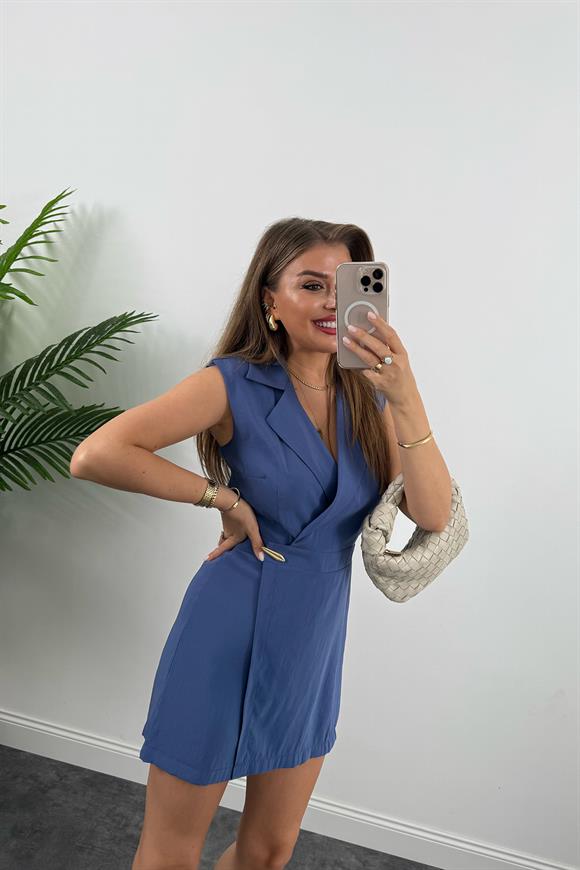 Premium Seri Kruvaze Yaka Şort Etekli Tensel Tulum İndigo