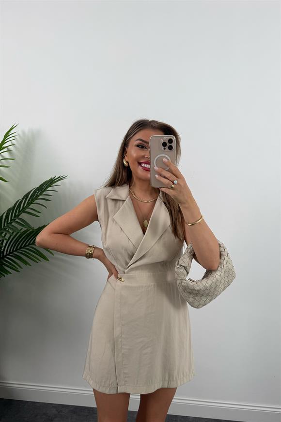 Premium Seri Kruvaze Yaka Şort Etekli Tensel Tulum Taş