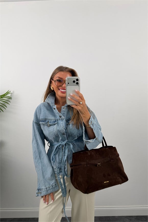 Premium Seri Kuşaklı Basic Jean Ceket
