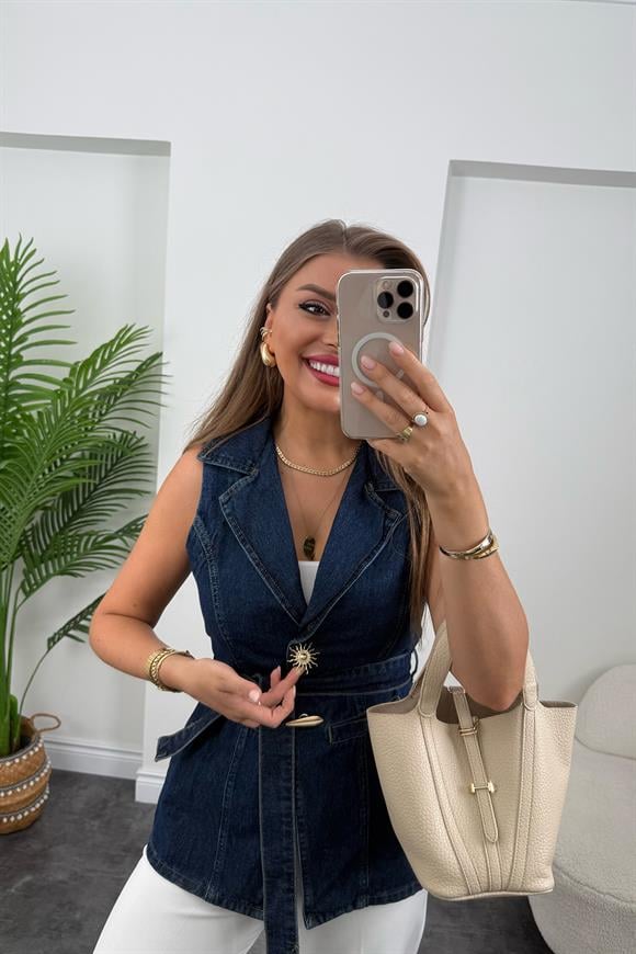 Premium Seri Kuşaklı Jean Yelek