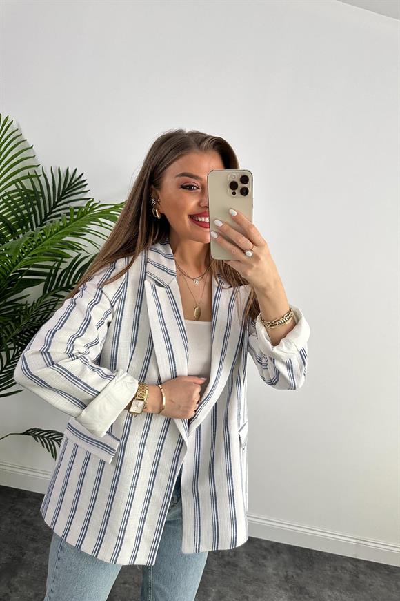Premium Seri Lacivert Beyaz Çizgili Keten Blazer Ceket