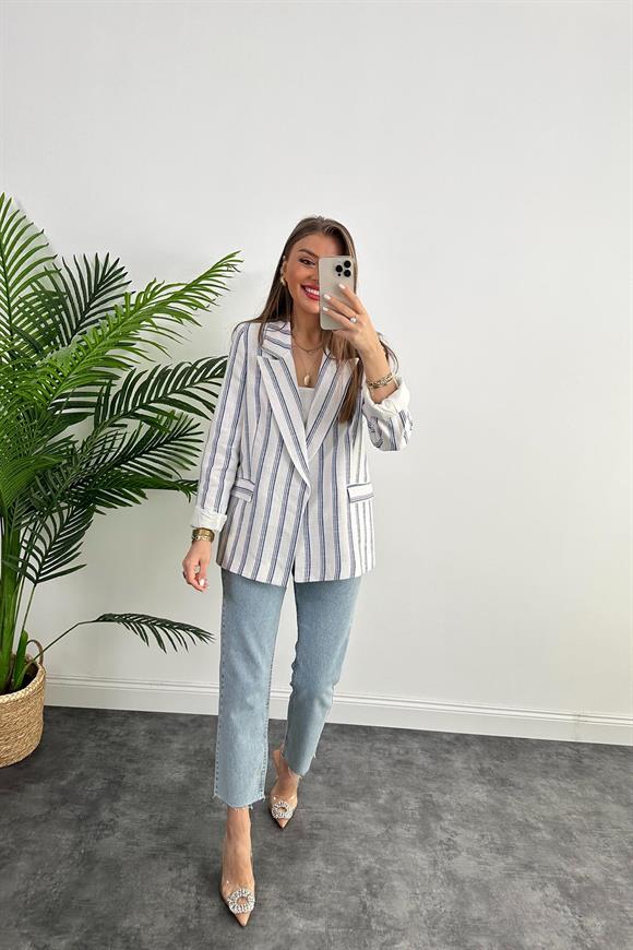 Premium Seri Lacivert Beyaz Çizgili Keten Blazer Ceket