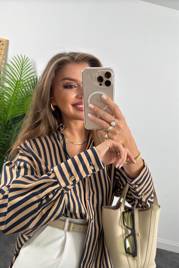 Premium Seri Lacivert Camel Çizgili Tensel Gömlek