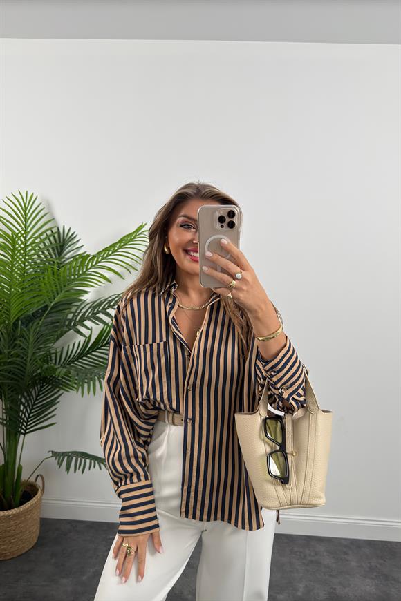 Premium Seri Lacivert Camel Çizgili Tensel Gömlek