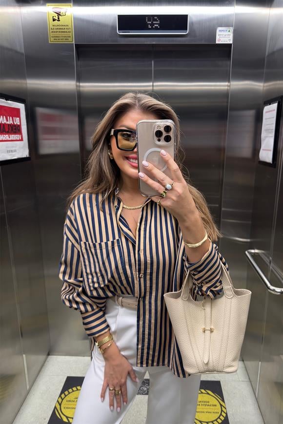 Premium Seri Lacivert Camel Çizgili Tensel Gömlek