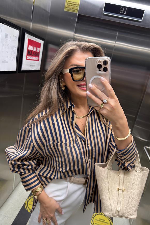 Premium Seri Lacivert Camel Çizgili Tensel Gömlek