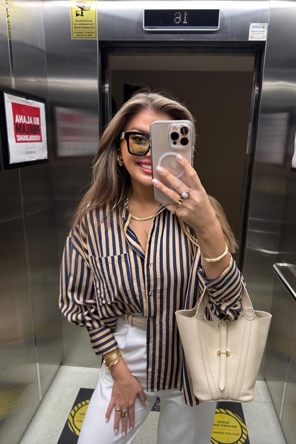 Premium Seri Lacivert Camel Çizgili Tensel Gömlek
