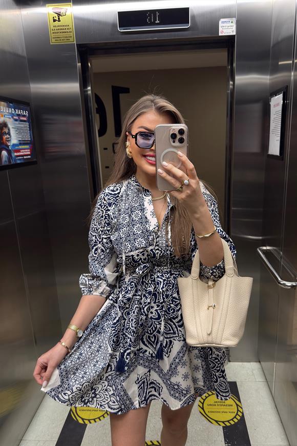 Premium Seri Lacivert Krem Desenli Kloş Poplin Elbise