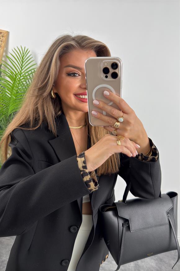 Premium Seri Leopar Detaylı Siyah Blazer Ceket